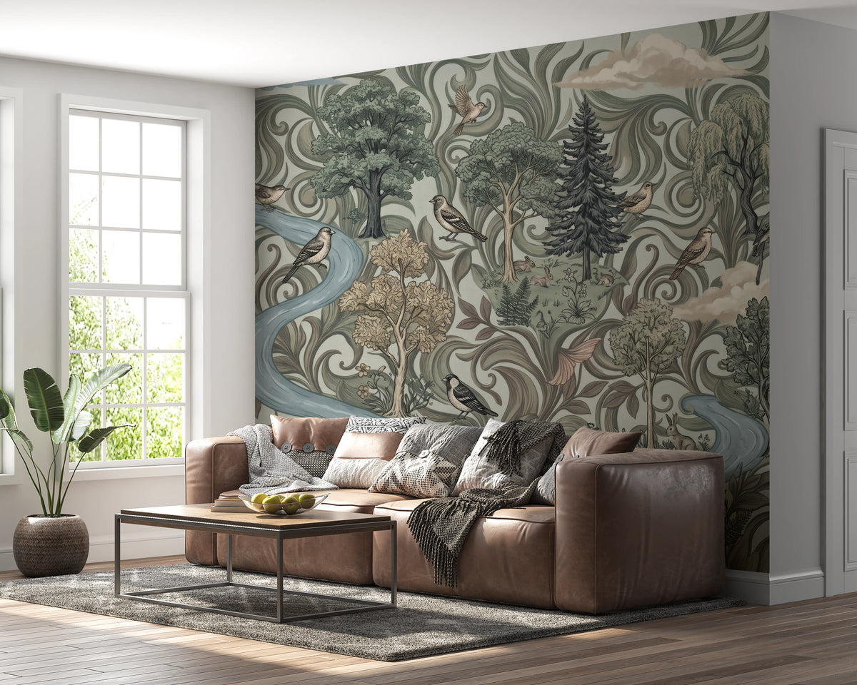 Forest scene mural with swirling foliage, trees, birds, and small animals