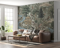 Forest scene mural with swirling foliage, trees, birds, and small animals