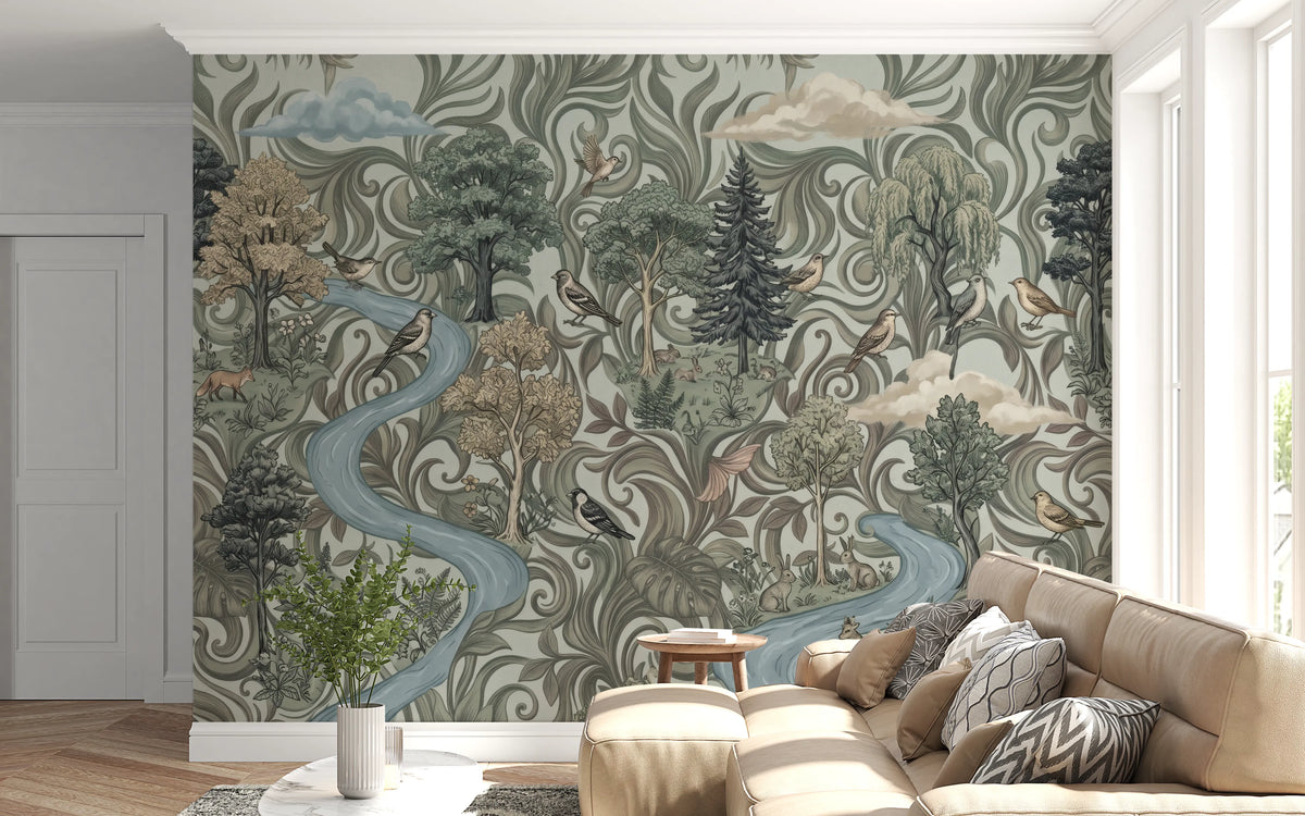 Vintage woodland mural with foxes, rabbits, and deer among green foliage in living area