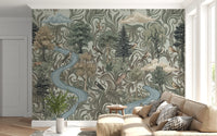 Vintage woodland mural with foxes, rabbits, and deer among green foliage in living area