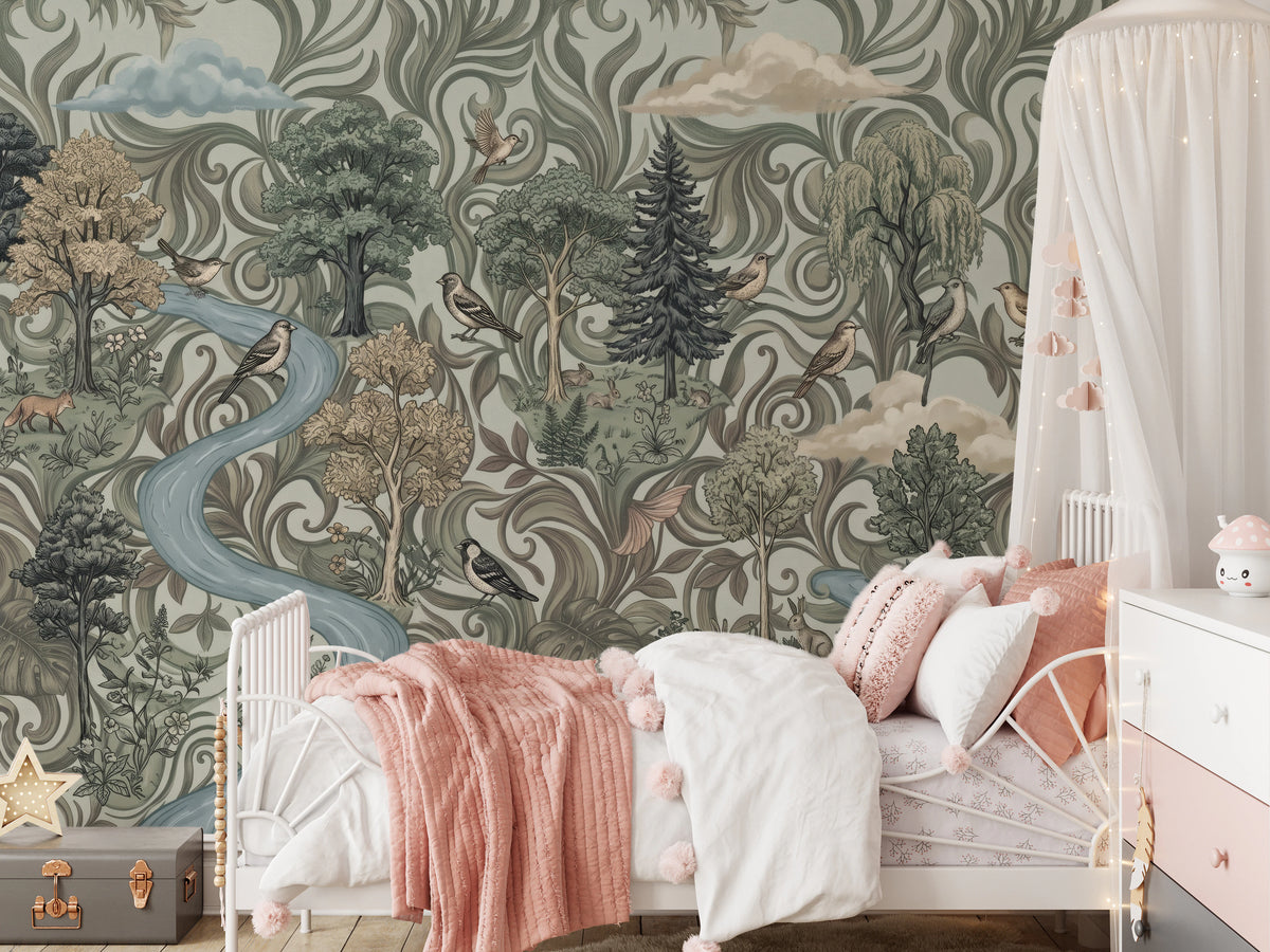 Woodland forest mural on a kids bedroom wall with trees, birds, and a river