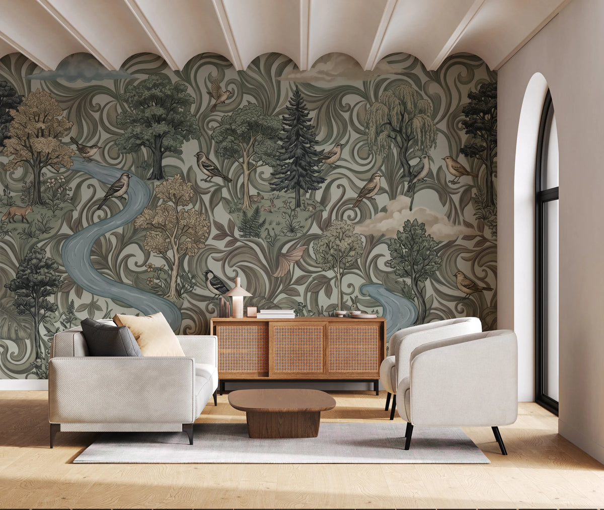 Muted woodland mural with a blue river winding past trees and perched birds