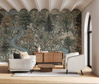 Muted woodland mural with a blue river winding past trees and perched birds