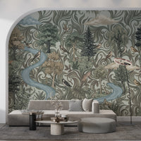 Muted sage forest mural showing oaks, pines, and willows with perched birds