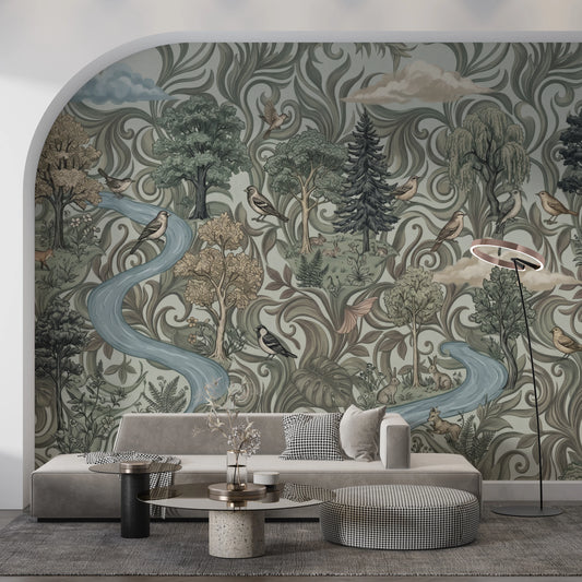 Enchanted Forest River Woodland Scene Wall Mural