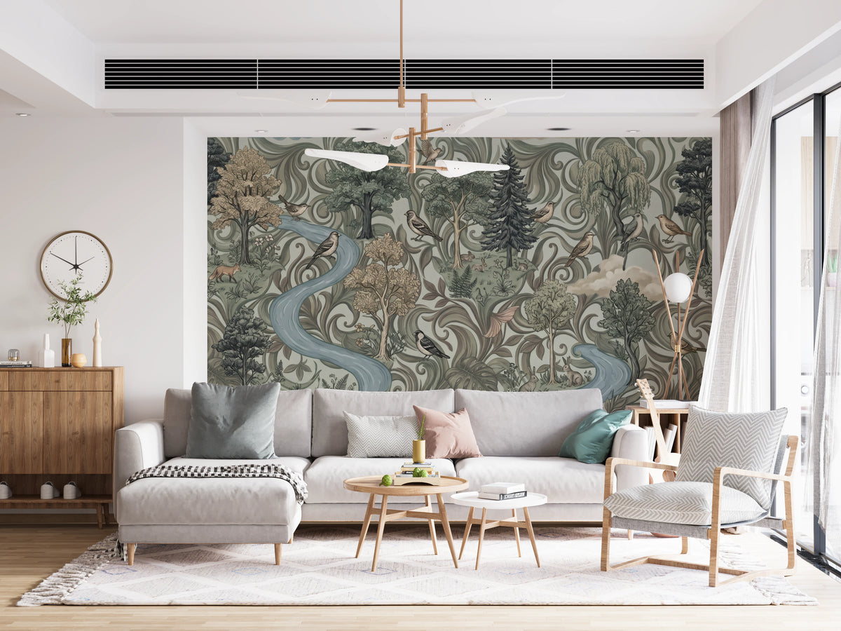 Forest scene mural with birds, trees, and swirling sage and tan foliage