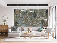Forest scene mural with birds, trees, and swirling sage and tan foliage
