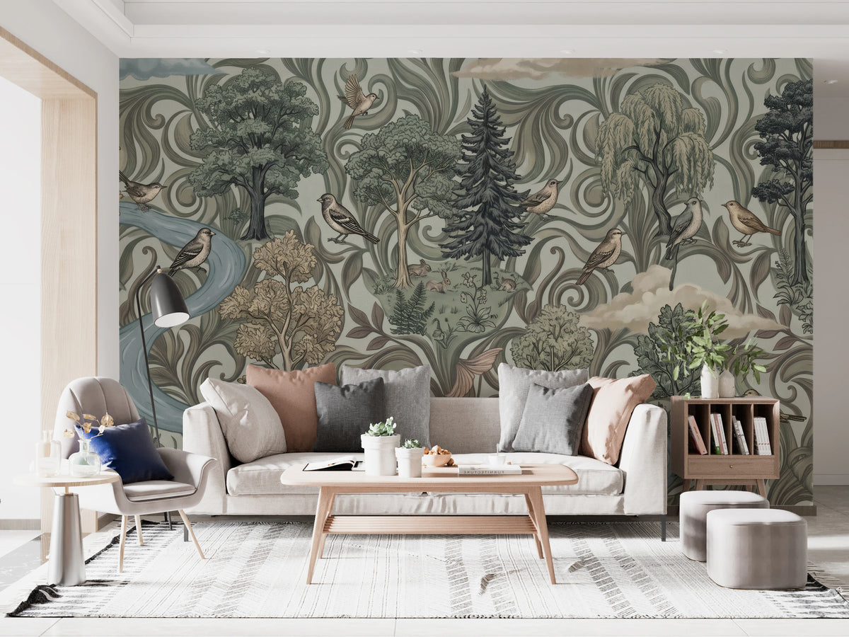 Green woodland mural with oaks, willows, birds, and a soft flowing river