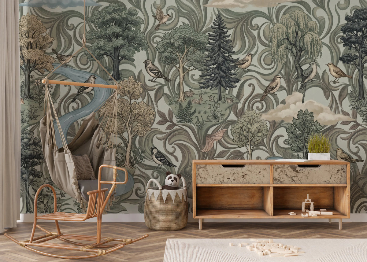 Vintage forest mural with clouds, ferns, and animals in sage and tan tones
