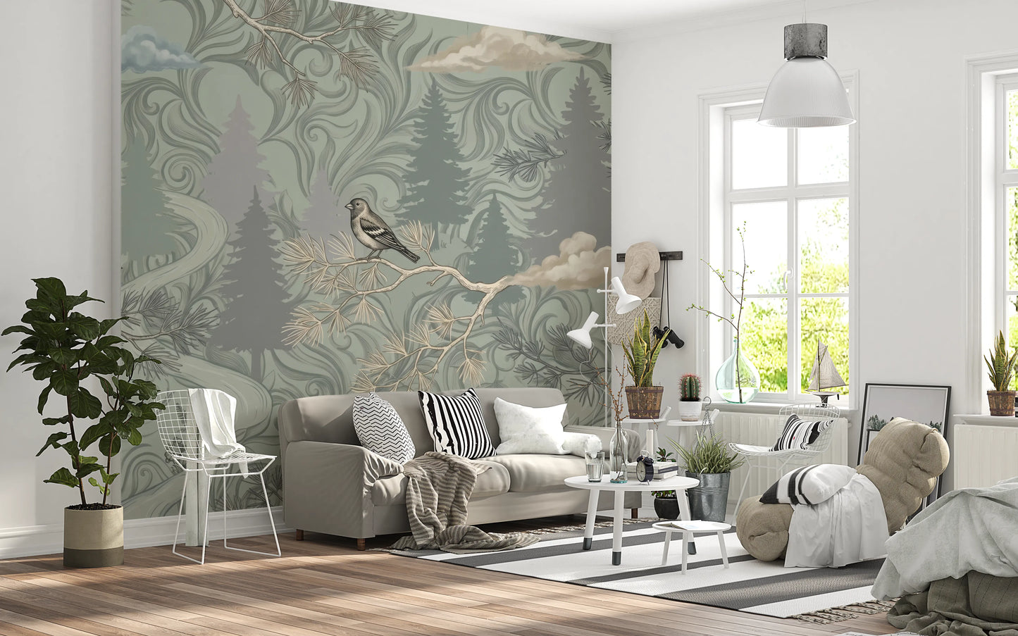 Enchanted Woodland Bird Song Sage Green Wallpaper Wall Mural