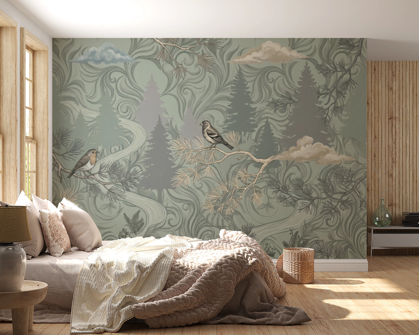 Enchanted Woodland Bird Song Sage Green Wallpaper Wall Mural