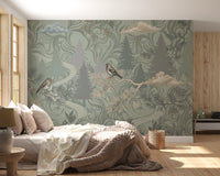 Enchanted Woodland Bird Song Sage Green Wallpaper Wall Mural