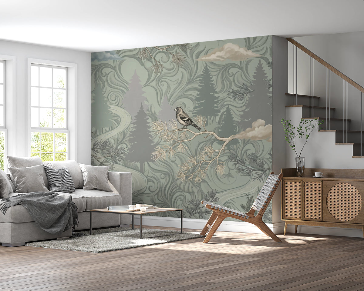 Sage green woodland mural with songbirds on pine branches in living room