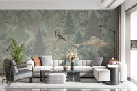 Enchanted Woodland Bird Song Sage Green Wallpaper Wall Mural