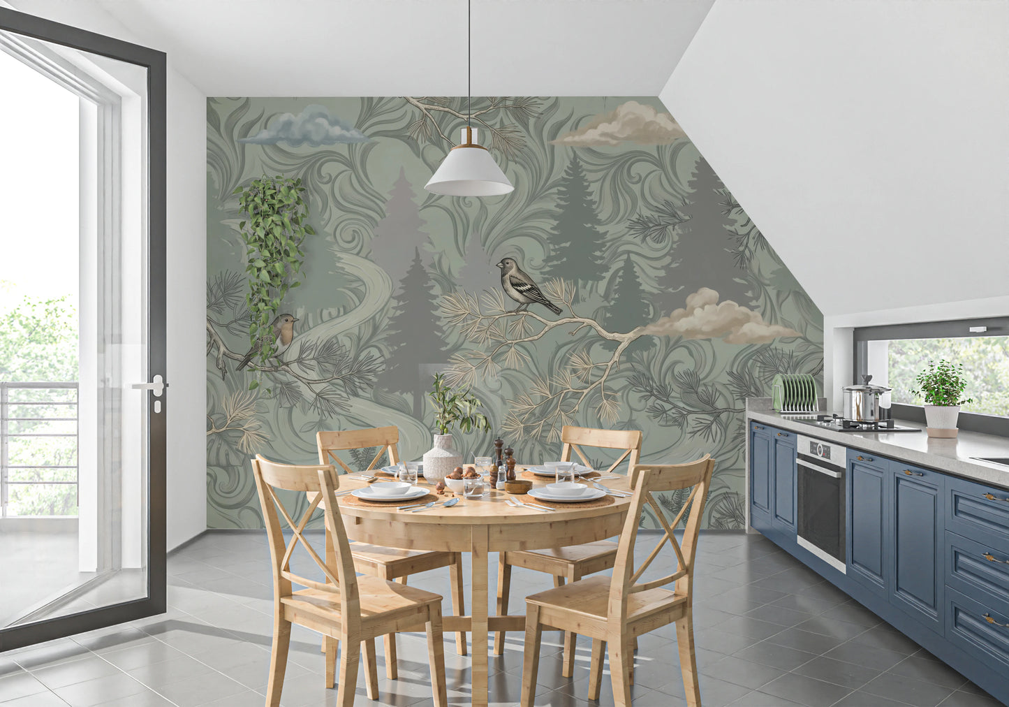 Enchanted Woodland Bird Song Sage Green Wallpaper Wall Mural