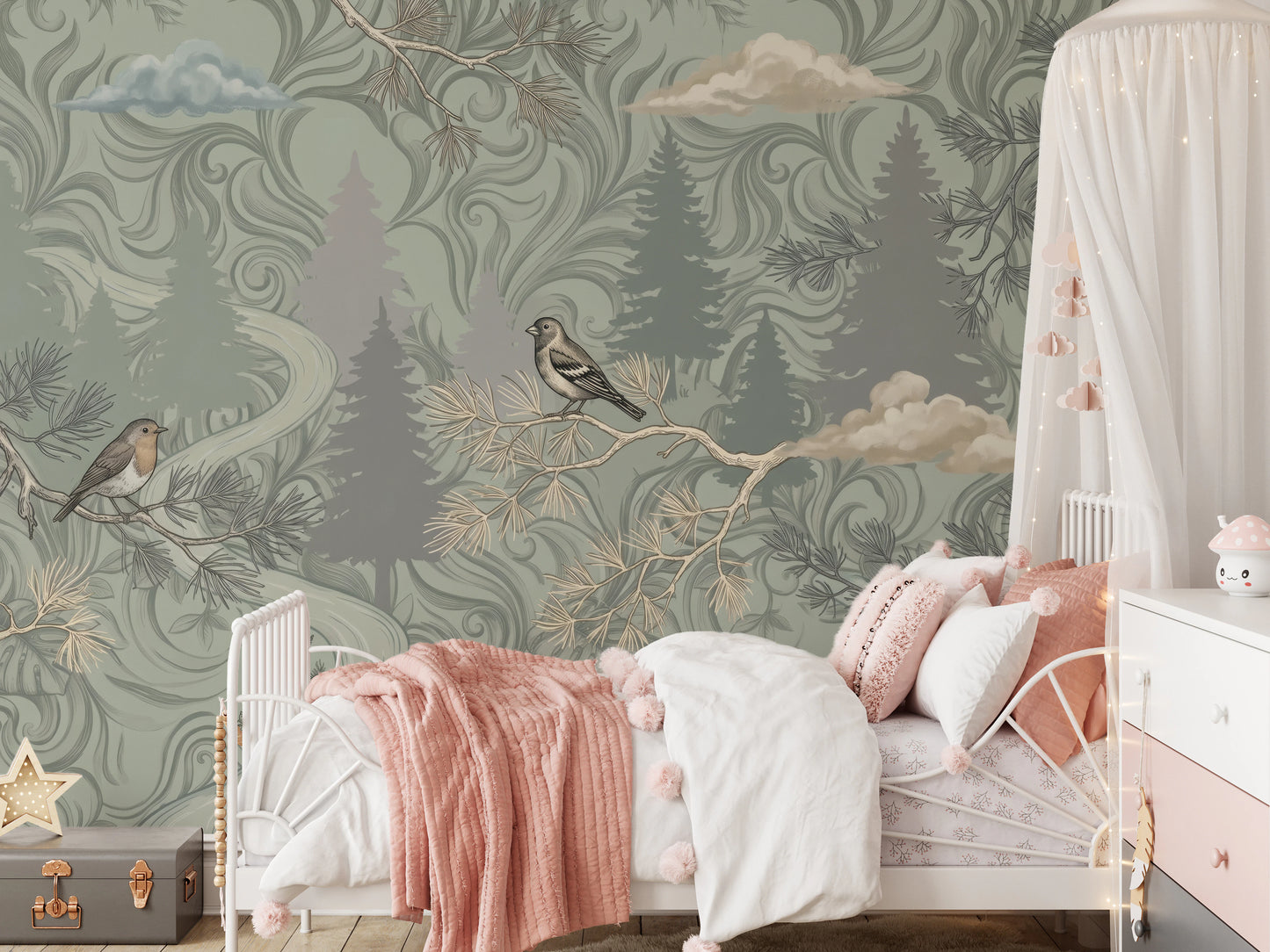 Enchanted Woodland Bird Song Sage Green Wallpaper Wall Mural