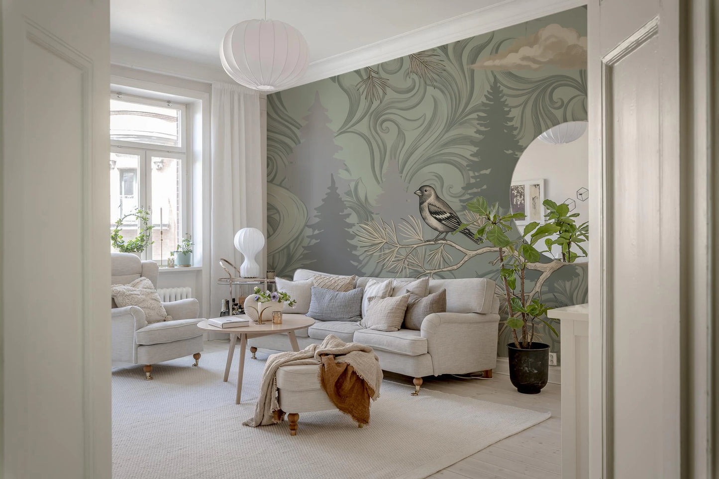 Enchanted Woodland Bird Song Sage Green Wallpaper Wall Mural