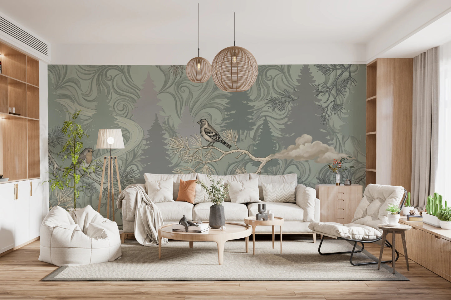 Enchanted Woodland Bird Song Sage Green Wallpaper Wall Mural