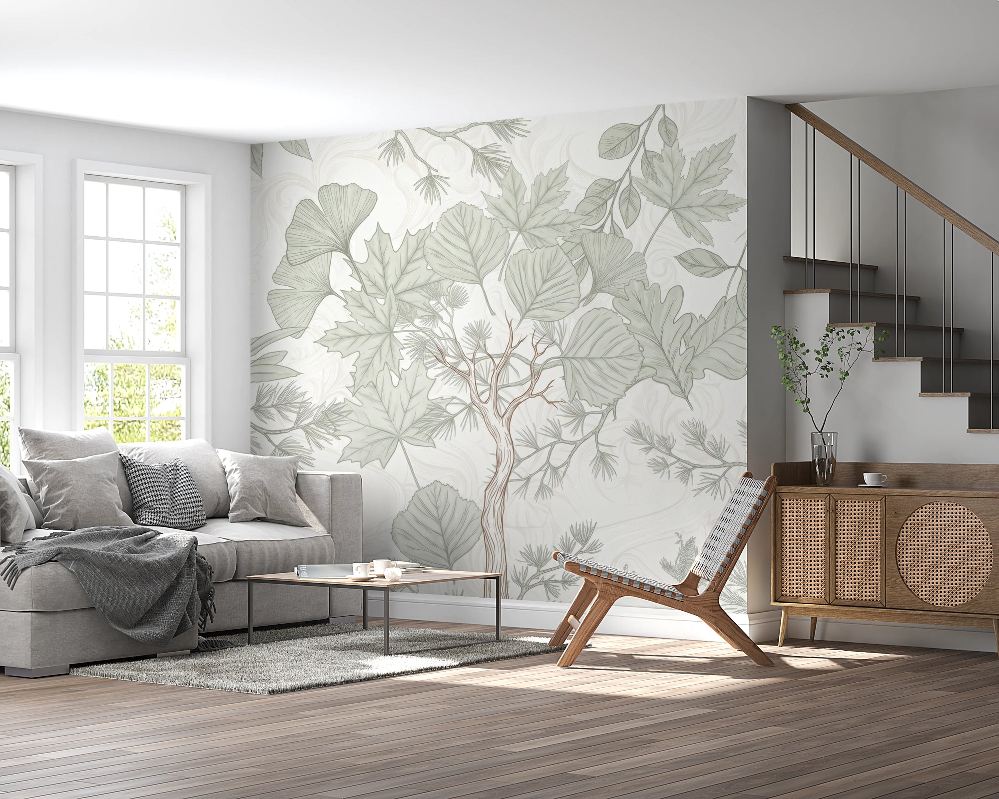 Sage Green Botanical Forest Sketch Wallpaper Wall Mural