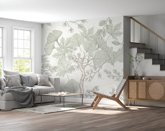 Sage Green Botanical Forest Sketch Wallpaper Wall Mural