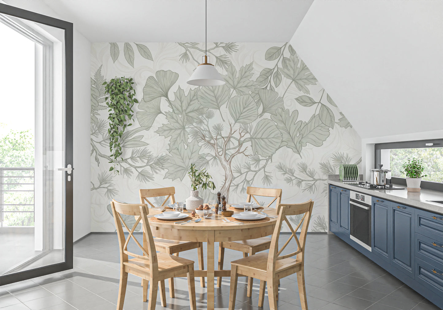 Sage Green Botanical Forest Sketch Wallpaper Wall Mural