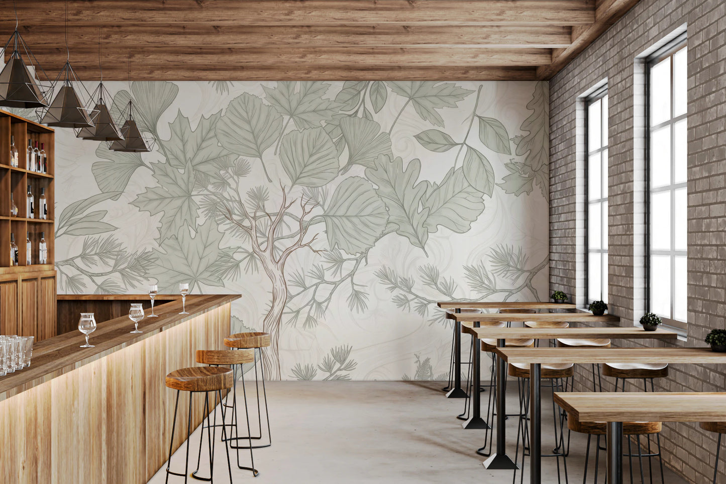 Sage Green Botanical Forest Sketch Wallpaper Wall Mural