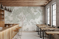 Sage Green Botanical Forest Sketch Wallpaper Wall Mural