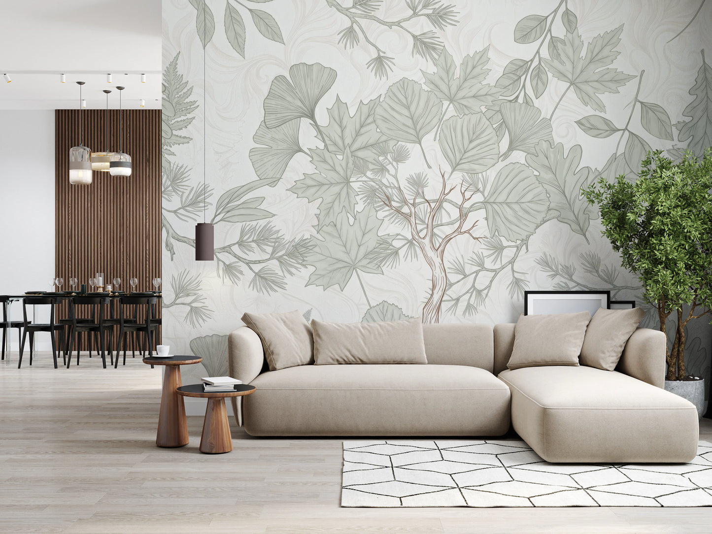 Sage Green Botanical Forest Sketch Wallpaper Wall Mural