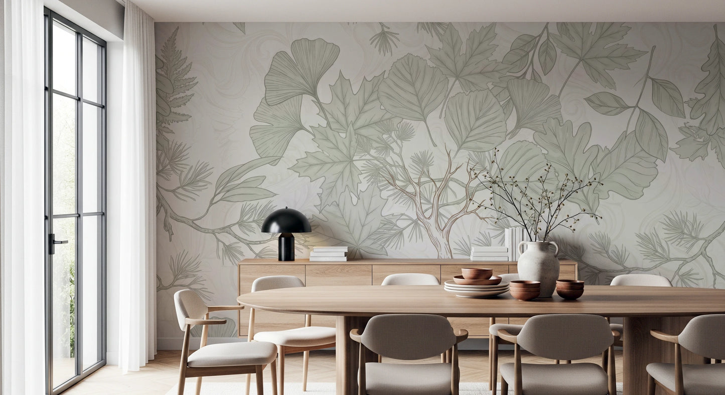 Sage Green Botanical Forest Sketch Wallpaper Wall Mural
