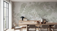 Sage Green Botanical Forest Sketch Wallpaper Wall Mural