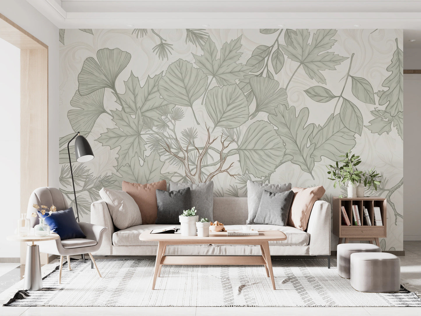 Sage Green Botanical Forest Sketch Wallpaper Wall Mural