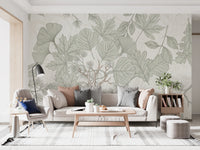 Sage Green Botanical Forest Sketch Wallpaper Wall Mural