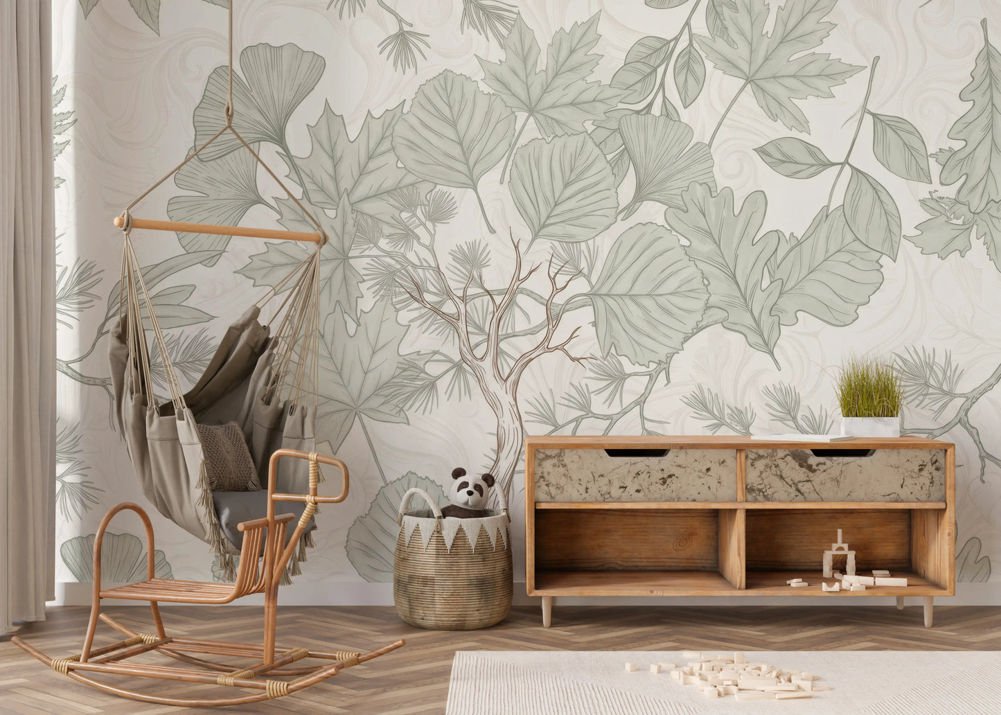 Sage Green Botanical Forest Sketch Wallpaper Wall Mural