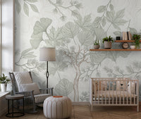 Sage Green Botanical Forest Sketch Wallpaper Wall Mural