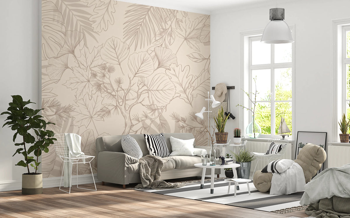 Soft leaf mural with a central tree in a living room setting