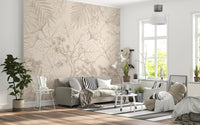 Soft leaf mural with a central tree in a living room setting