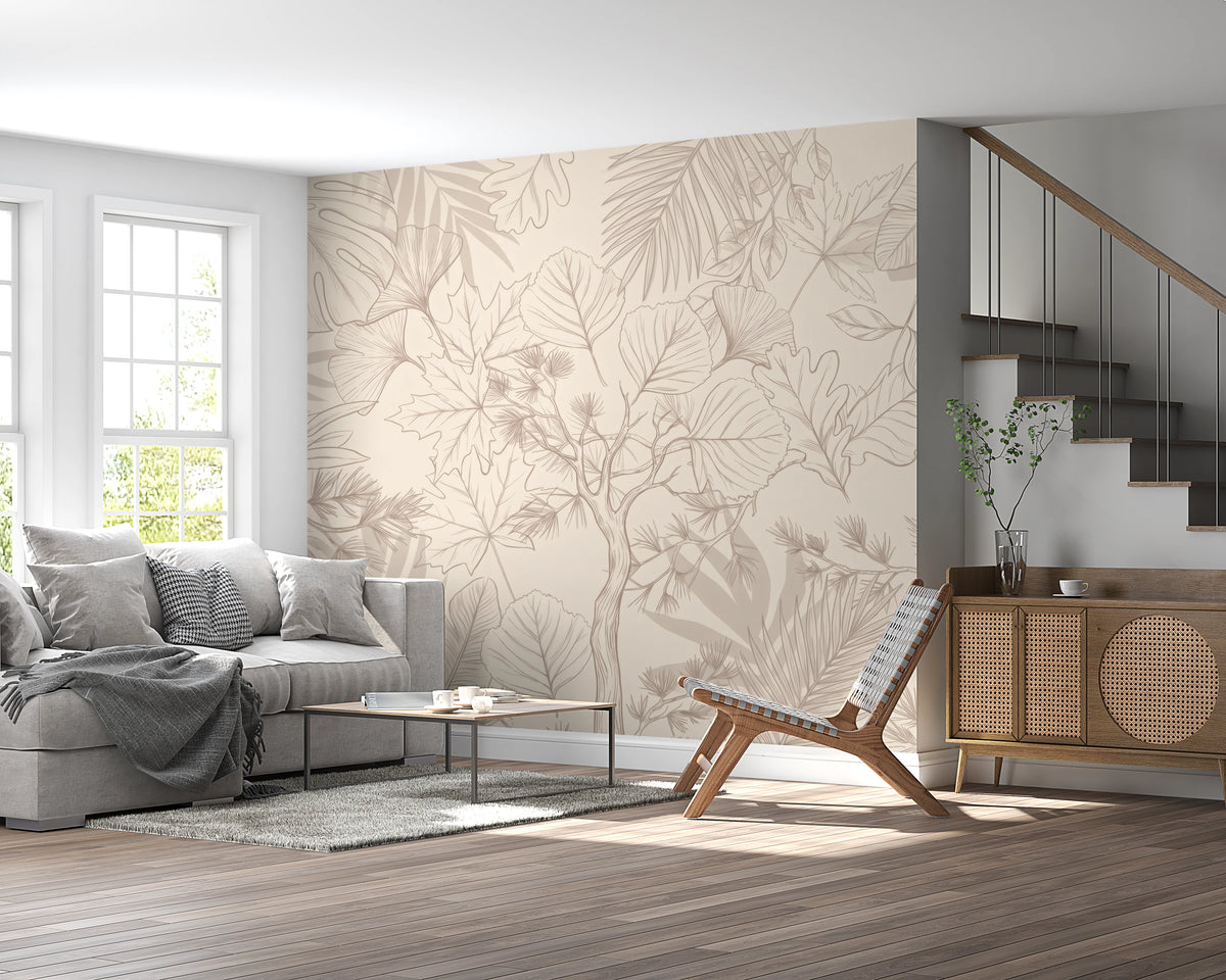 Central tree among monstera and maple leaves in a cream mural
