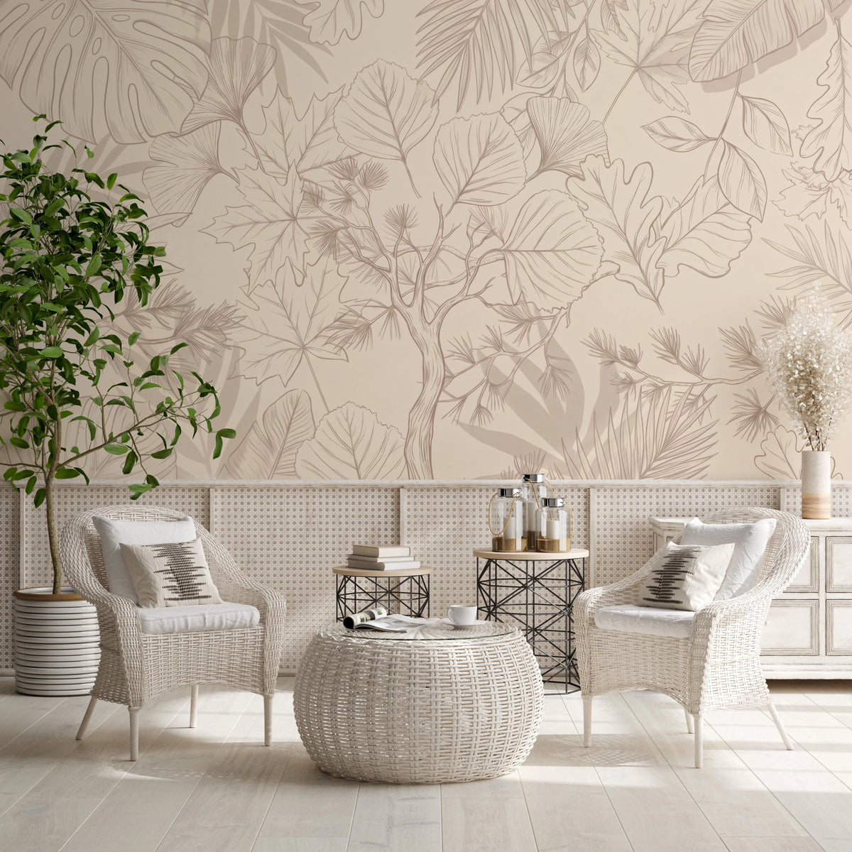 Layered tonal leaves and a tree on a beige botanical mural