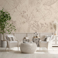 Layered tonal leaves and a tree on a beige botanical mural