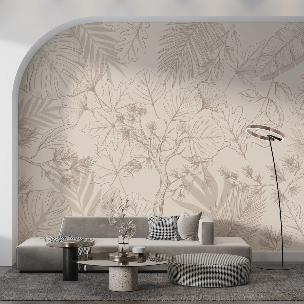 Cream botanical nature mural on a living room feature wall