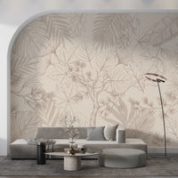Cream botanical nature mural on a living room feature wall