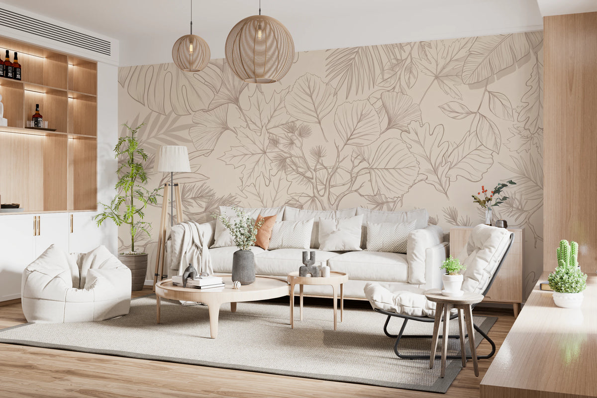 Ginkgo, oak and maple leaves around a slim tree mural