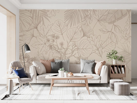 Cream Botanical Line Art Nature Mural Wall Mural