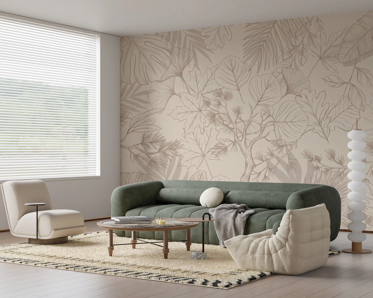 Cream botanical nature mural in soft tone-on-tone line work