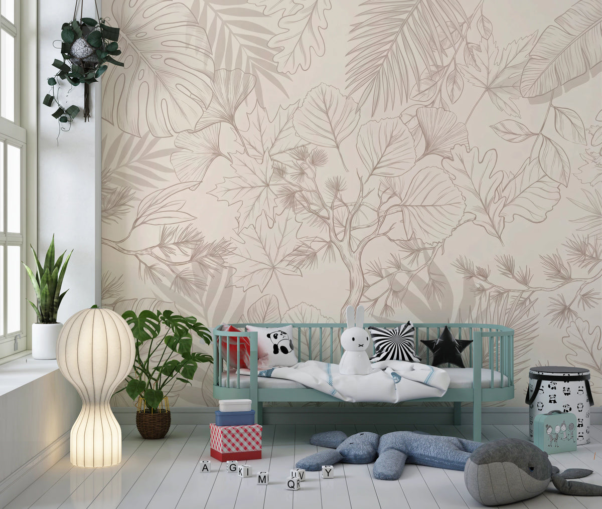 Soft beige botanical mural with tropical and temperate leaves in nursery