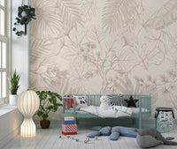 Soft beige botanical mural with tropical and temperate leaves in nursery