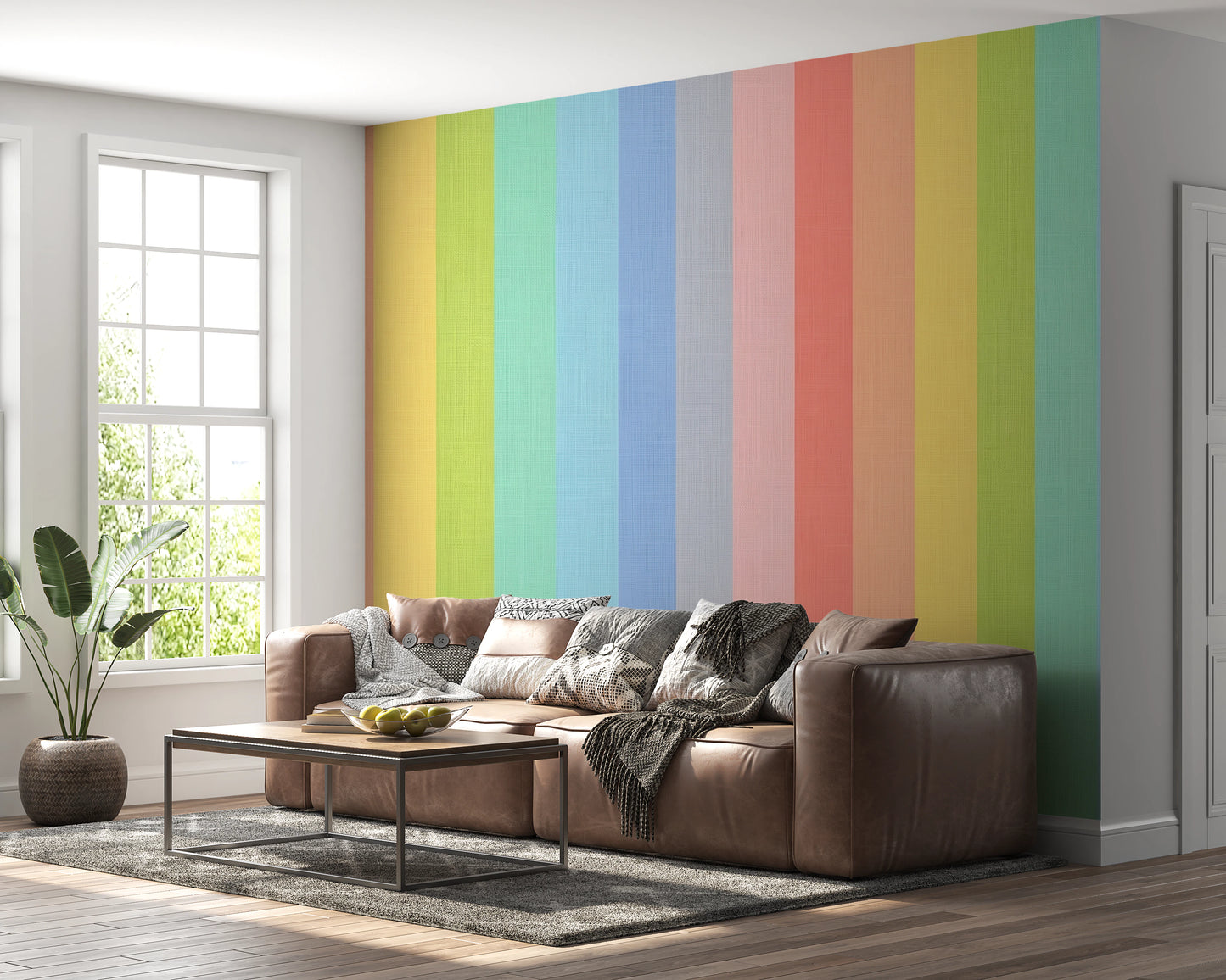 Pastel Rainbow Vertical Striped Linen Wallpaper Wall Mural