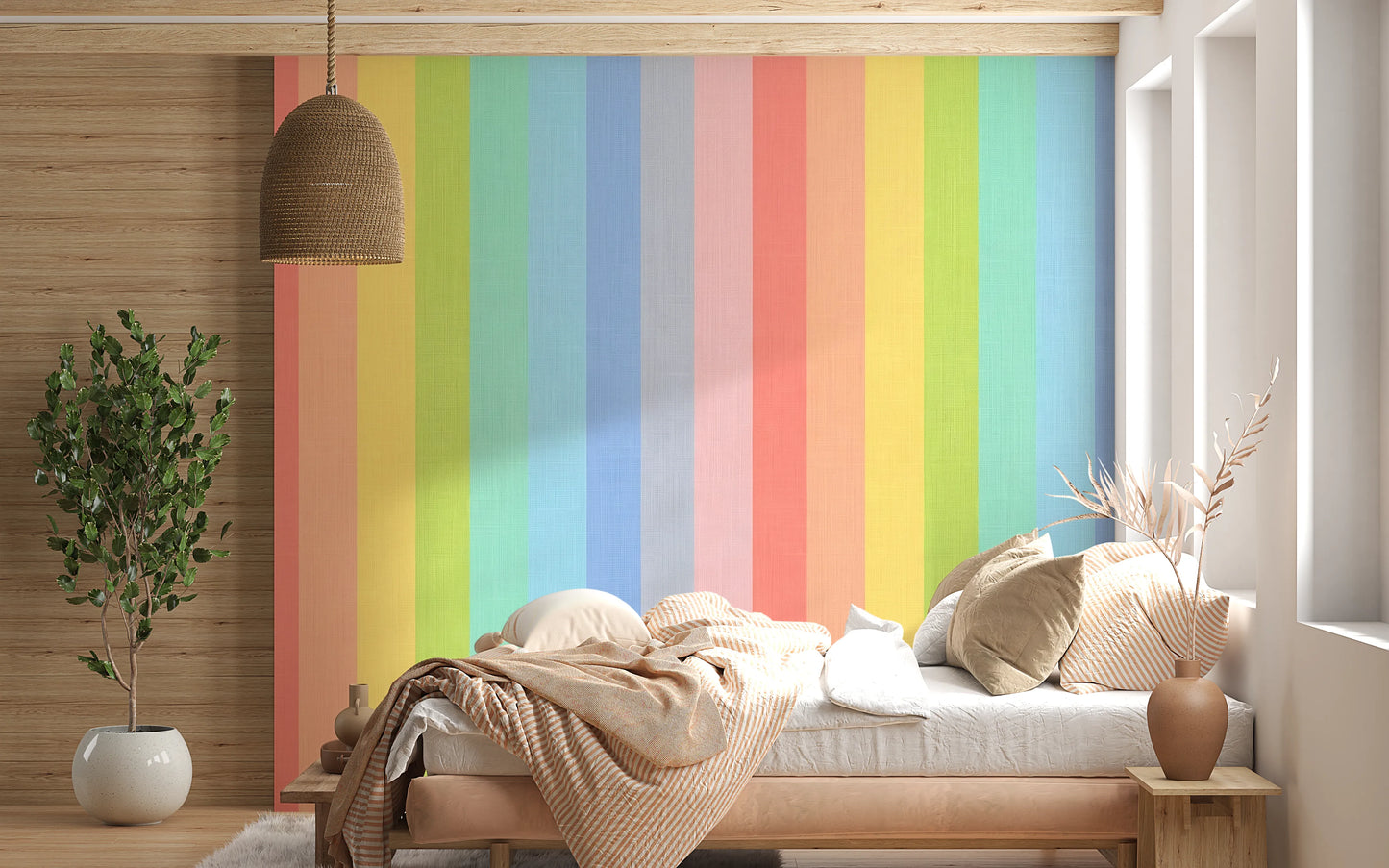 Pastel Rainbow Vertical Striped Linen Wallpaper Wall Mural