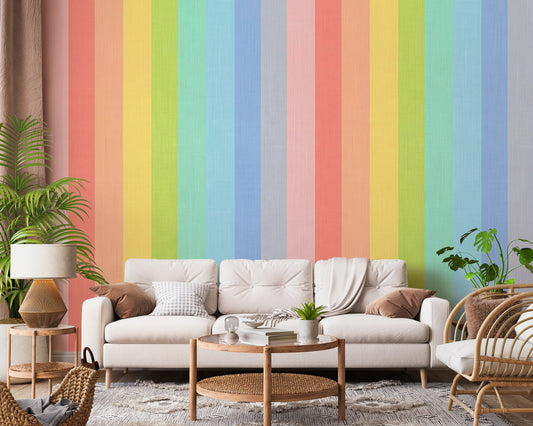 Pastel Rainbow Vertical Striped Linen Wallpaper Wall Mural