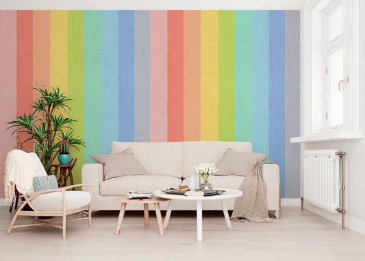 Pastel Rainbow Vertical Striped Linen Wallpaper Wall Mural